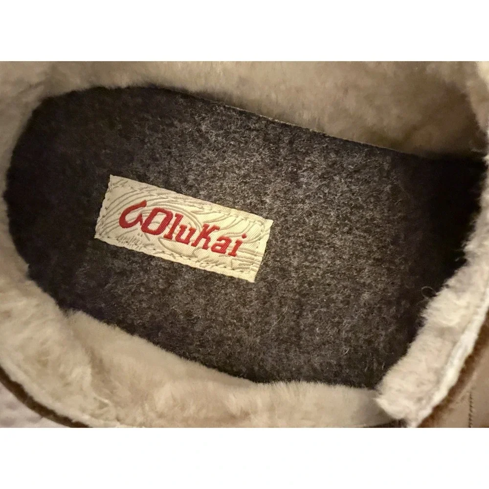 OluKai Moloa Men's Slipper US 9 EU 42 Brown Leather Fur Lined Rubber Sole Clean!